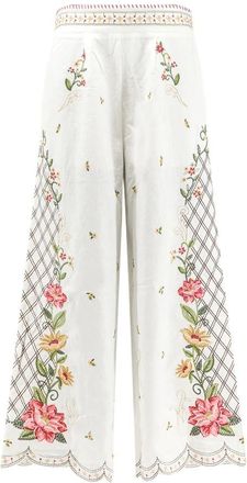 Farm Rio Broderie Fleur Pantalon Large - Dames - Wijde Broeken - Wit - S - Katoen - Broeken