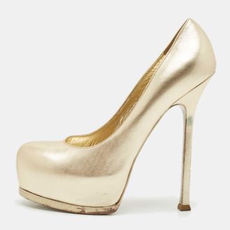 Saint Laurent Tribtoo Size 38.5 Gold Leather Platform Pumps