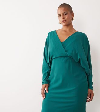 Asos Curve ASOS DESIGN Curve vestito lungo a portafoglio con maniche a pipistrello in verde petrolio-Blu