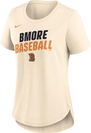 Nike Baltimore Orioles Team Phrase City Connect Lockup Nike Womens MLB T-Shirt in Brown | NKMV15AOLE-ASK