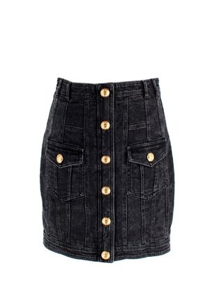 Balmain Black Denim Skirt with Gold Button Detail Size M