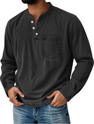 Generic Rugby Shirts for Men Henley Shirts for Men Long Sleeve Pullover Polo Rugby Shirt Vintage Button Up Country Distressed Western Washed T-Shirt Black 5XL