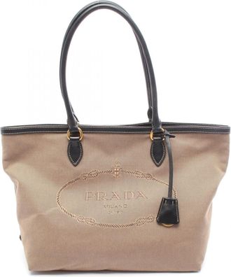Prada Black Brown Canvas Leather Handbag Tote Bag (Pre-Owned)