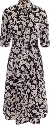 Liu Jo Midi Popeline Floral Dress with Classic Collar and Waist Belt
