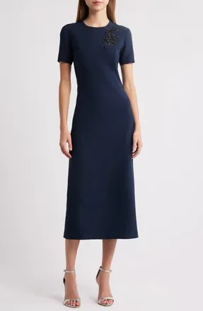 Sachin & Babi Tamara Bead Detail Stretch Crepe Cocktail Midi Dress in Dark Midnight at Nordstrom, Size 8