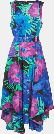 Calvin Klein Blue Floral Print Crepe Asymmetrical Midi Dress