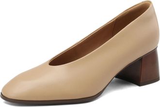 Generic Womens Square Toe Dress Shoes Mid Chunky Heel Pumps Soft Faux Leather Slip On Lightweight Padded Insole Non Slip Durable,Apricot,4.5 UK