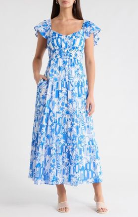 Sugarlips Nala Tiered Smocked Maxi Sundress in White-Blue at Nordstrom, Size X-Large