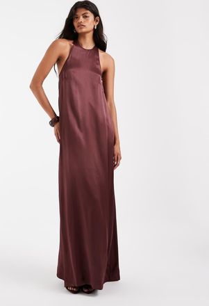 Asos vestito maxi con scollo a vogatore in raso color cioccolato-Marrone