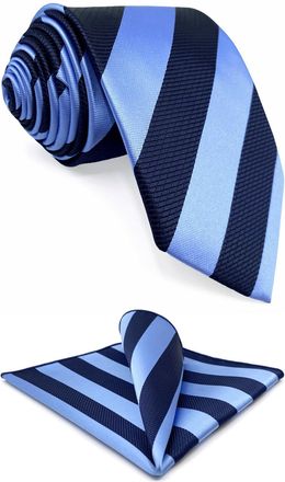 Shlax & Wing Striped Royal Blue Navy Blue Necktie and Pocket Square Set for Men Stripes Tie Handkerchief Combo Extra Long 63