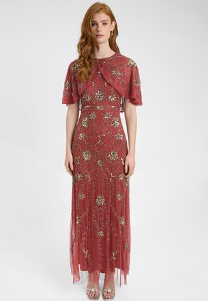 Beauut Embellished Sequin Beaded Maxi Dress With Round Neckline With Cape-Style Short Sleeves in Rust at Nordstrom, Size 2