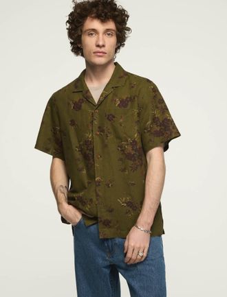 Lucky Brand Mens Printed Short Sleeve Camp Collar Shirt