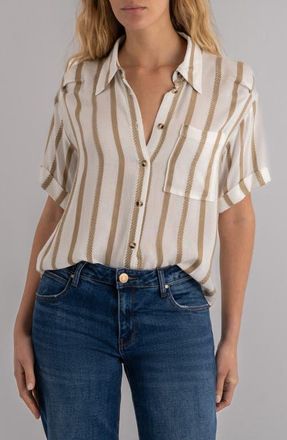 Kut from the Kloth Aida Stripe Cotton Button-Up Top in Golden/Off White at Nordstrom, Size X-Large