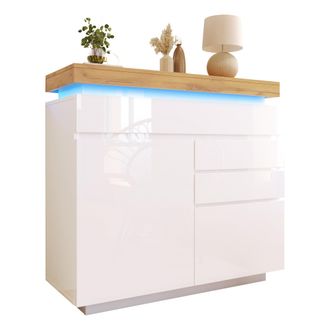 STILVORA C&oacute;moda Con 2 Puertas Y 3 Cajones Y Led Con Control Por App, Alto Brillo, En Tablero Aglomerado, Blanco, 110&times;39&times;115 Cm