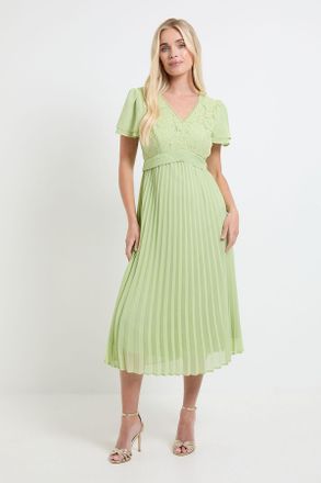 Wallis Womens Petite Lace Pleat Detail Midi Dress - Green Polyamide - Size 16 UK