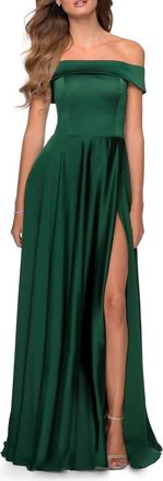 La Femme Satin Off the Shoulder Evening Dress with Pockets in Emerald at Nordstrom, Size 12