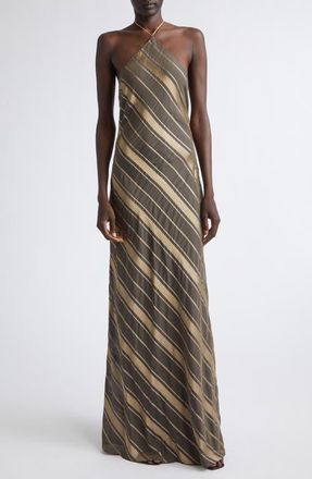 Stella McCartney Metallic Diagonal Stripe Halter Gown in Truffle at Nordstrom, Size 40