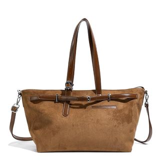 Generic Cymwer Women Girls Faux Suede Solid Color Shoulder Bag with Adjustable Strap (Brown)