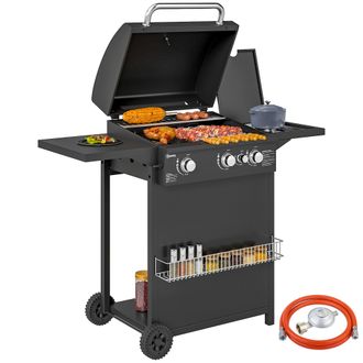 Mauro Ferretti Barbecue A Gas Con Bruciatori Indipendenti, Coperchio Con Termometro E Tavolino Laterale, Nero