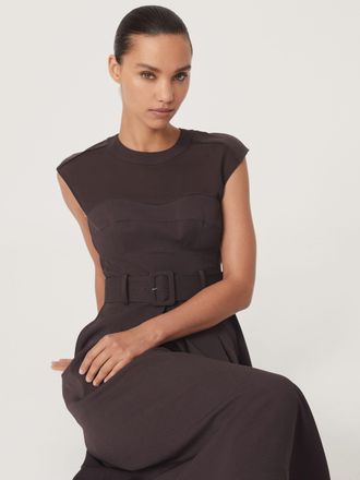 Reiss Womens Burgundy Petite Mesh-Panel Belted Pleated Midi Dress, Size: 14