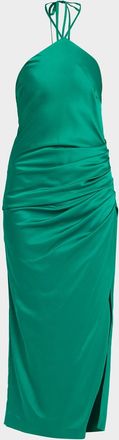 SIMKHAI Hansel Ruched Satin Halter Maxi Dress