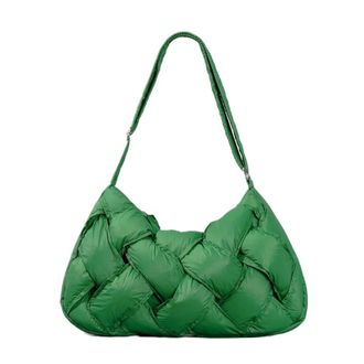 Generic Large Capacity Down Cotton Nylon Shoulder Bag With Crossbody Design Black Woven Handbag Versatile Pleated(Green)