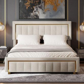 OEM Cama Doble 140x200cm - Cofre Hidr&aacute;ulico - Cabecera De Terciopelo Crema - Almacenamiento Integrado - Dise&ntilde;o Elegante
