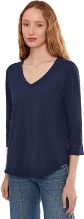 Mod-o-doc 3/4 Sleeve V-Neck T-Shirts with Curved Hem Womens Clothing Vibrant Navy 2 : LG (US 12-14), Cotton