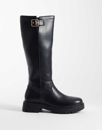 London Rebel Trista - Stivali al ginocchio neri con suola spessa e fibbie-Nero