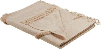 Beliani Manta De Algod&oacute;n Natural Beige Claro 130 X 180 Cm Hecho A Mano Flecos Jaunpur