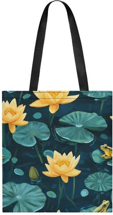 Generic Frogs with Flowers Summer Womens Tote Casual Shopping Bag Lightweight Shoulder Bags Hobos Handbag for Work Travel Daily 35x40cm