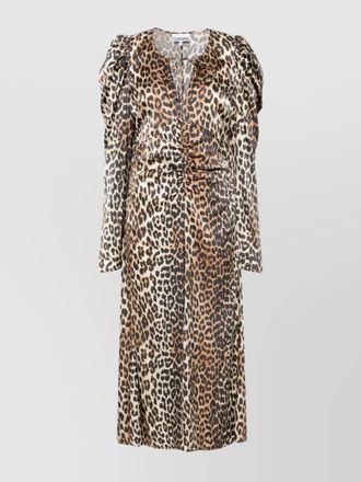 Ganni leopard print ruched v-neck midi dress