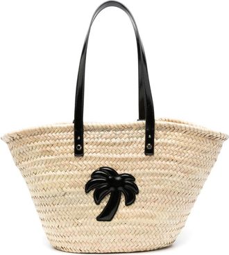 Palm Angels palm-appliqu&eacute; basket bag - women - Leather/Cotton/Straw - OS - Neutrals