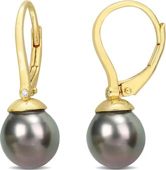 Amour 8-8.5mm Black Tahitian Cultured Pearl & Diamond Accent Leverback Earrings In Yellow Plated Sterling Silver