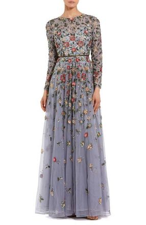 Mac Duggal Womens Embellished High Neck Long Sleeve A Line Gown in Grey Multi at Nordstrom, Size 16