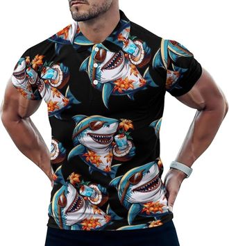 Generic Shark Hawaiian Funny Mens Polo Shirts Short Sleeve Golf Shirt Casual T-Shirt Top for Work Athletic M