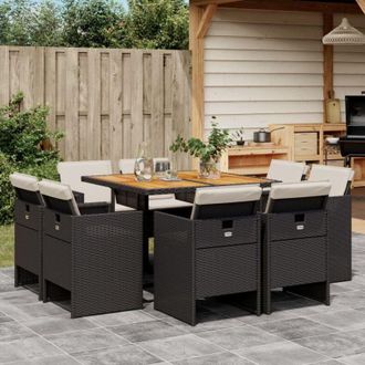 vidaXL Vidaxl - Set De Comedor De Jard&iacute;n 9 Pzas Y Cojines Rat&aacute;n Sint&eacute;tico Negro