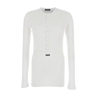 Dolce & Gabbana Long Sleeve Tops, male, White, Size: M Cotton Serafino T-Shirt with Label