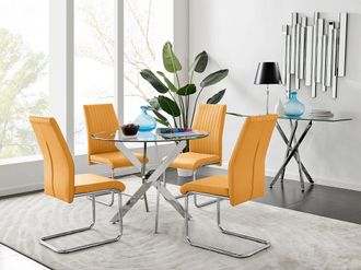 Furniturebox Novara Clear Tempered Glass 100cm Round Dining Table with Chrome Starburst Legs & 4 Lorenzo Faux Leather Chairs in Mustard