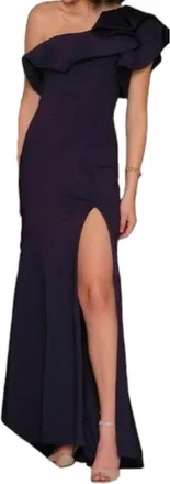 Dave & Johnny Ruffled One Shoulder Prom Gown In Navy Blue