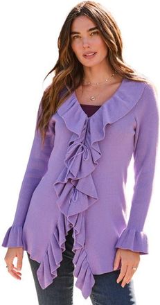 Roaman's Plus Size V Neck Ruffle Trim Tie Front Cardigan in Vintage Lavender at Nordstrom, Size Medium