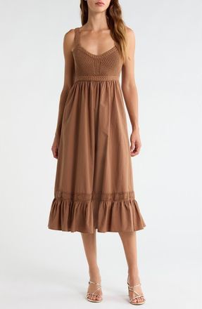ASTR the Label Jacquelin Mixed Media Back Cutout Midi Dress in Camel at Nordstrom, Size X-Large