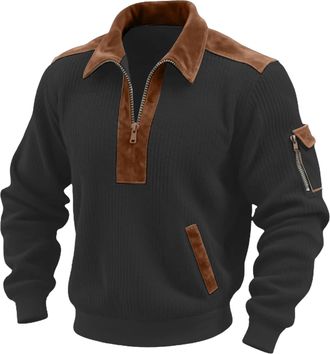 Generic Poncho Shirts for Men Corduroy Shirt Men Quarter Zip Long Sleeve Pullover Zipper Pocket Collared Work T-Shirt Rugby Knit Winter Sweatshirts Casual The