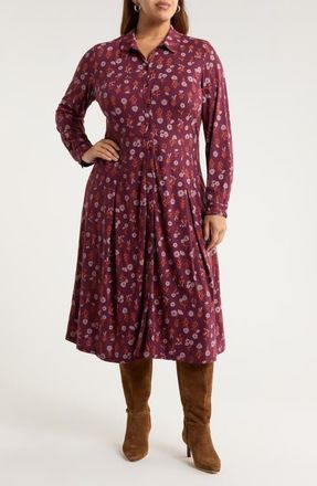 Seasalt Cornwall Coastline Print Long Sleeve Organic Cotton Blend Shirtdress in Flower Shadow Dark Hellebore at Nordstrom, Size 18 Us