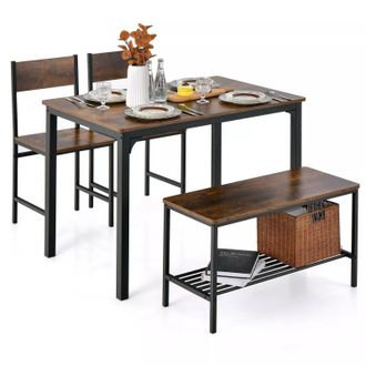 Costway Costway 4-Piece Dining Table & Chair Bench Set Industrial Gathering Table Kitchen Set in Brown