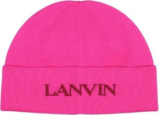 Lanvin Wollen muts met geborduurd logo - Dames - Hoeden - Roze - ONE Size - Wol - Accessoires