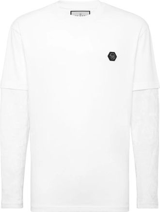 Philipp Plein Double-Sleeved Longsleeve T-Shirt Jacquard Crest - Heren - Longsleeves - Wit - XL - Katoen - Tops