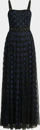 Mac Duggal Square-Neck Embroidered Mesh Gown