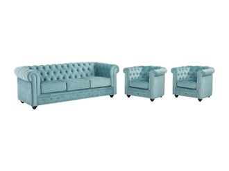 Vente-Unique Sof&aacute; 3 plazas y 2 sillones de terciopelo CHESTERFIELD - Azul pastel