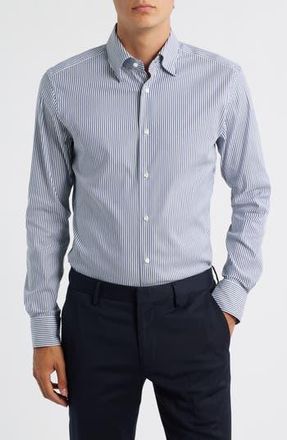 BOSS Hays Slim Fit Stripe Stretch Cotton Dress Shirt in Dark Blue at Nordstrom Rack, Size 15 - R